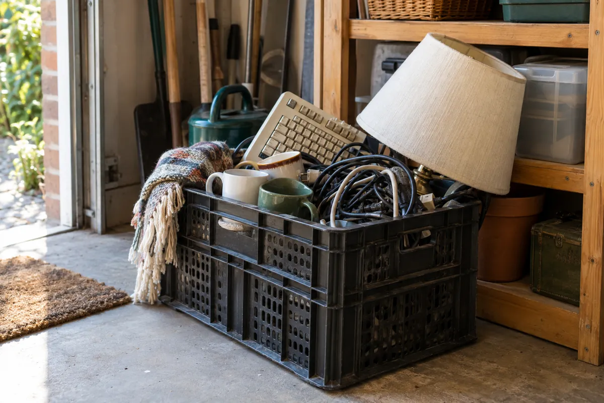 A crate in the garage overflowing with random finds
