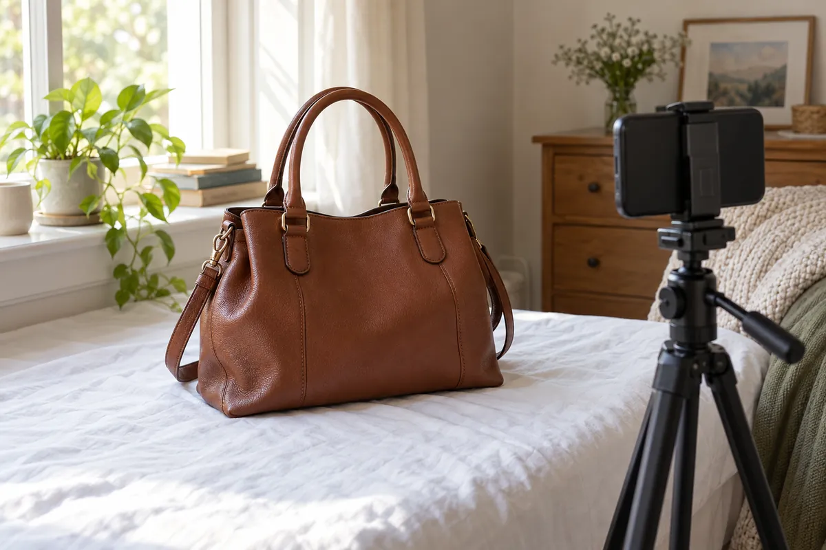 A handbag set up for photos on a white sheet with a phone on a tripod