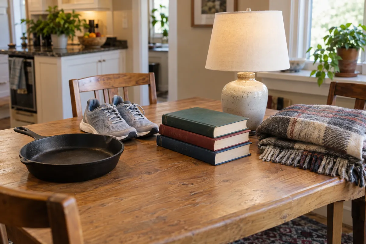 Things from around the house gathered on a kitchen table, ready to sell