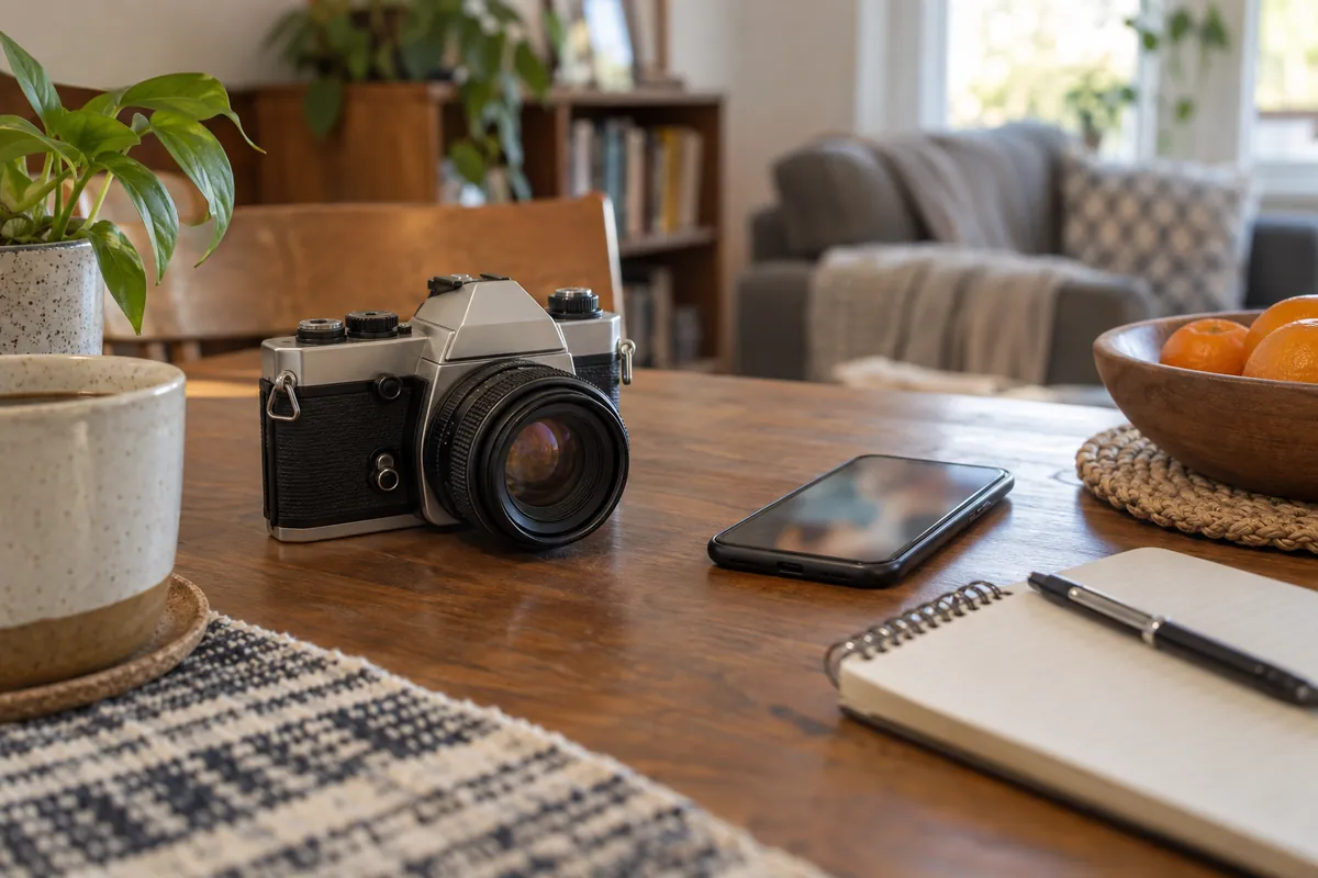 A vintage camera beside a phone and a notepad while checking what similar ones sold for