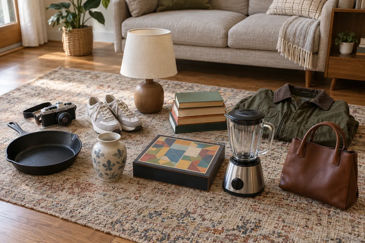 Ten items from the house laid out on a rug as a first batch to sell