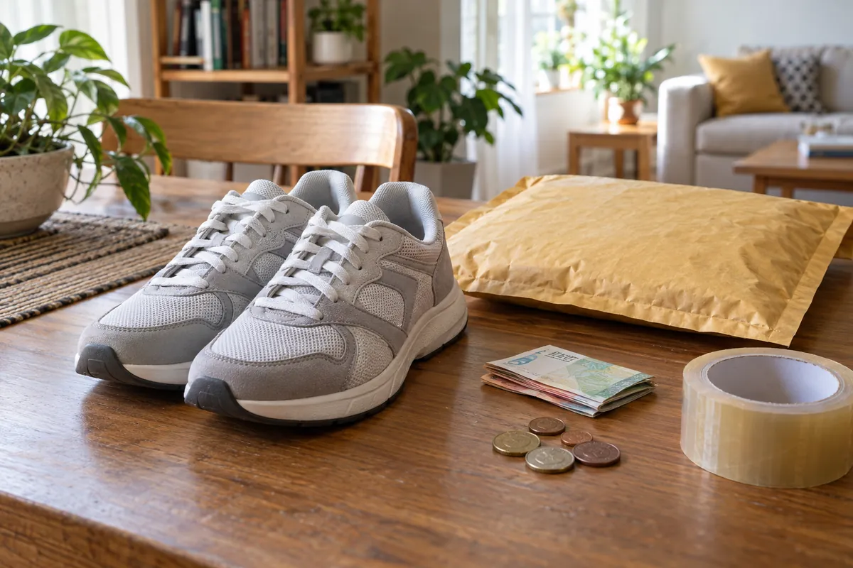 Used sneakers beside a padded mailer, packing tape and a little cash