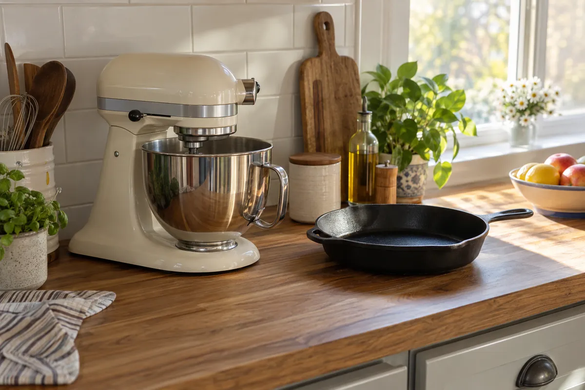 A stand mixer and a cast iron pan, everyday items that are easy to identify and sell first